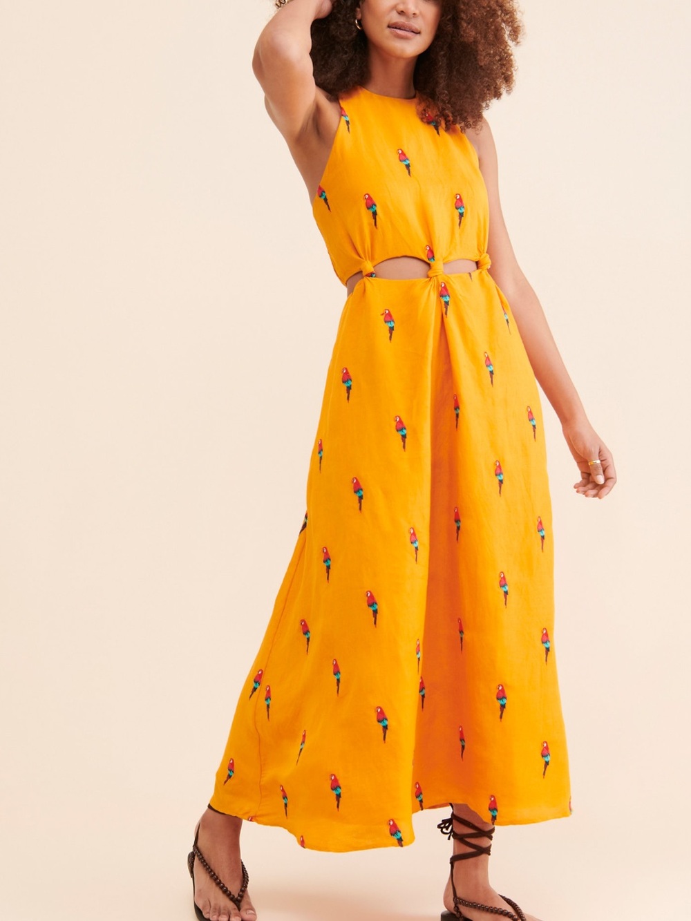 Farm Rio Parrot Halter Maxi Dress Size Small Linen Blend Tropical Dress